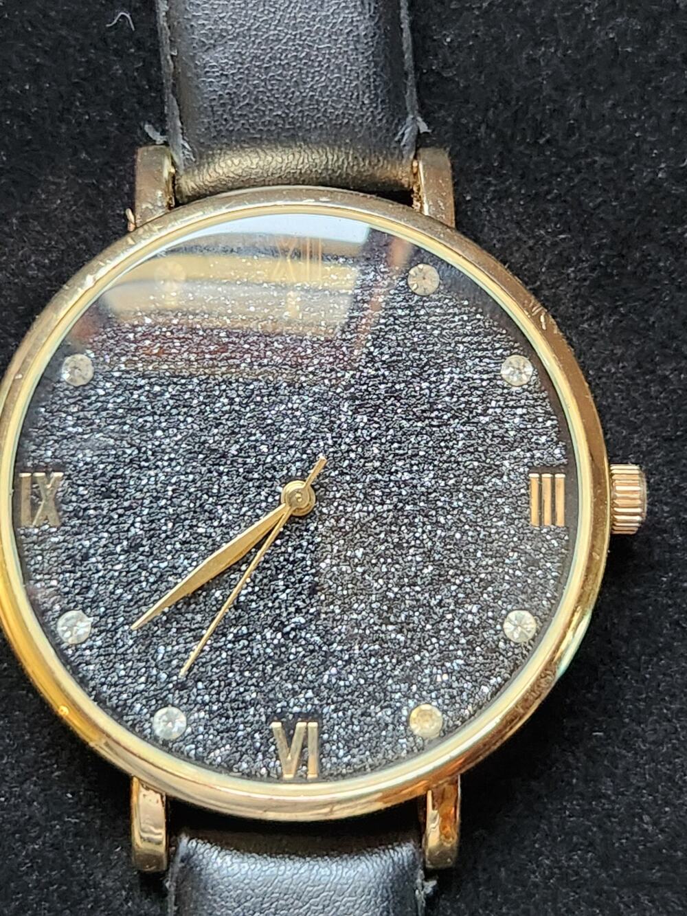 Ashley Princess Gold Tone Watch Black Glitter Dial Roman Numerals Leather